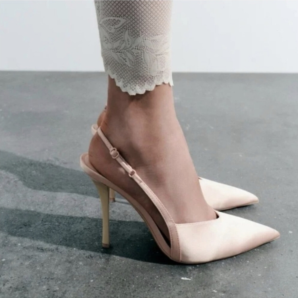 Zara Satin Pale Pink Slingback High Heels Minimalist Monochromatic Summer Shoes